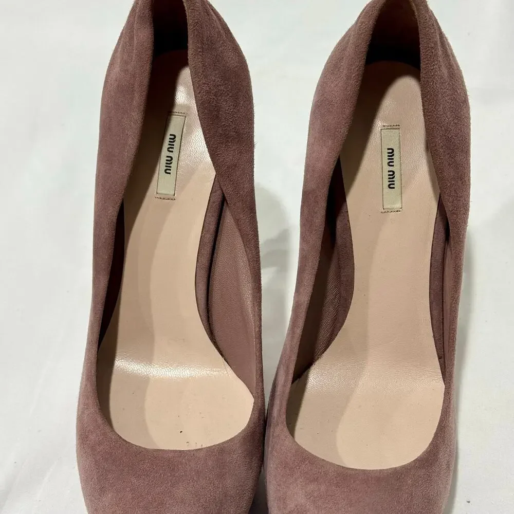 Miu Miu Dusty Rose Suede Whipstitch Platform Pumps Heels Size 38.5